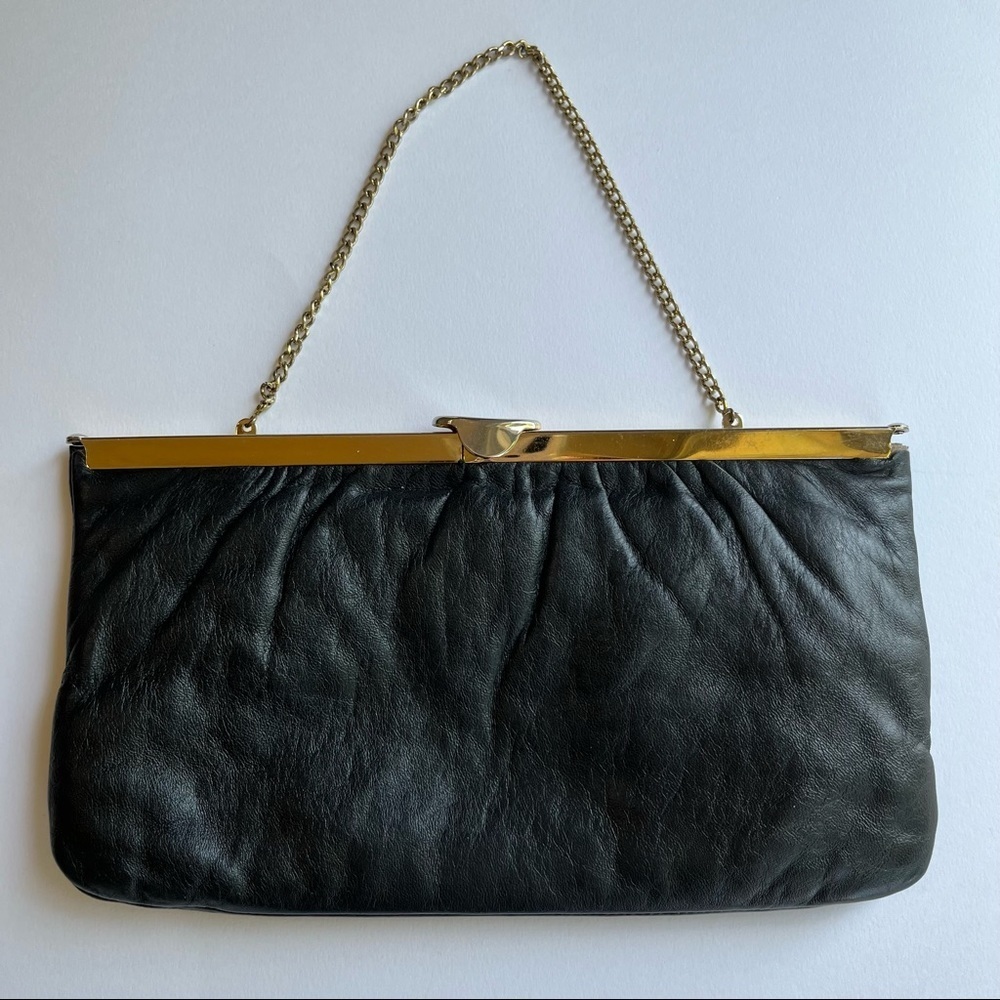 Vintage Etra Black Leather Clutch Gold Chain Handbag